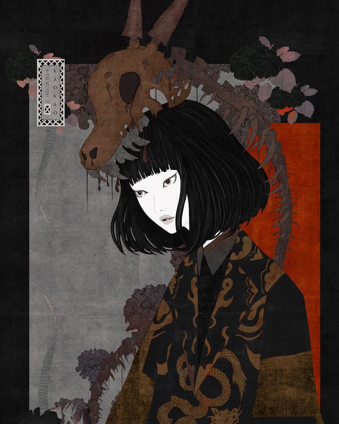 the image is a digital painting in a style reminiscent of both japanese ukiyoe and modern dark art. it depicts a young woman with dark, straight bobbed hair.  she is wearing a dark, ornate garment featuring a dragonlike pattern.  above and behind her is a large, decaying animal skull connected to a skeletal structure, with elements suggesting thorns and wilting roses around it. the background features dark tones and muted colors. the overall mood is dark, mysterious, and somewhat melancholic, yet also possesses a certain elegance. the artist's signature, "kao kao," is visible in the upper left corner. the artwork's style blends traditional japanese artistic elements with modern dark fantasy aesthetics.