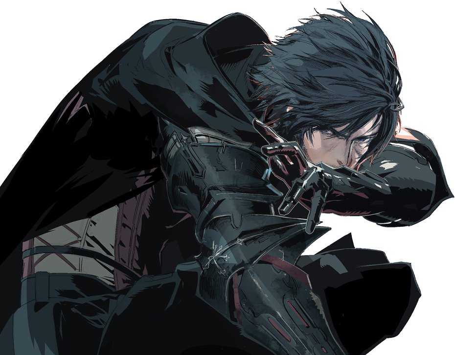 this image shows a male anime character with black hair and dark eyes. he's wearing a black cloak over a black bodysuit, with a silver weapon on his right arm. he is crouched on his right knee, with his left hand raised, and his left eye peeking out from under his hair. the image has a cyberpunk vibe and suggests action and fighting. the white background gives the character a sharp contrast.