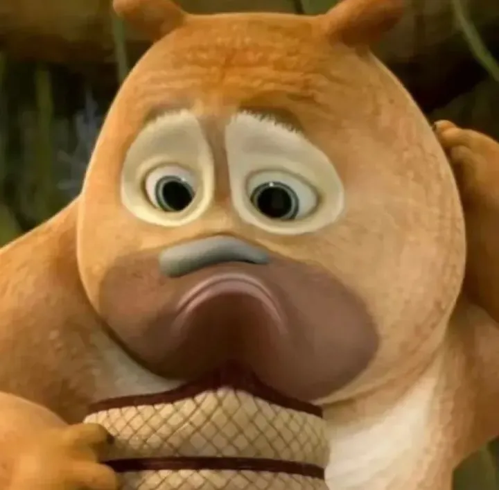 a closeup shot of a cgi animated bearlike character with droopy eyes and a sad expression, suggestive of disappointment. it is rendered with a warm, soft lighting palette and has a brown and tan coat.  the character is holding a brown, netlike object.