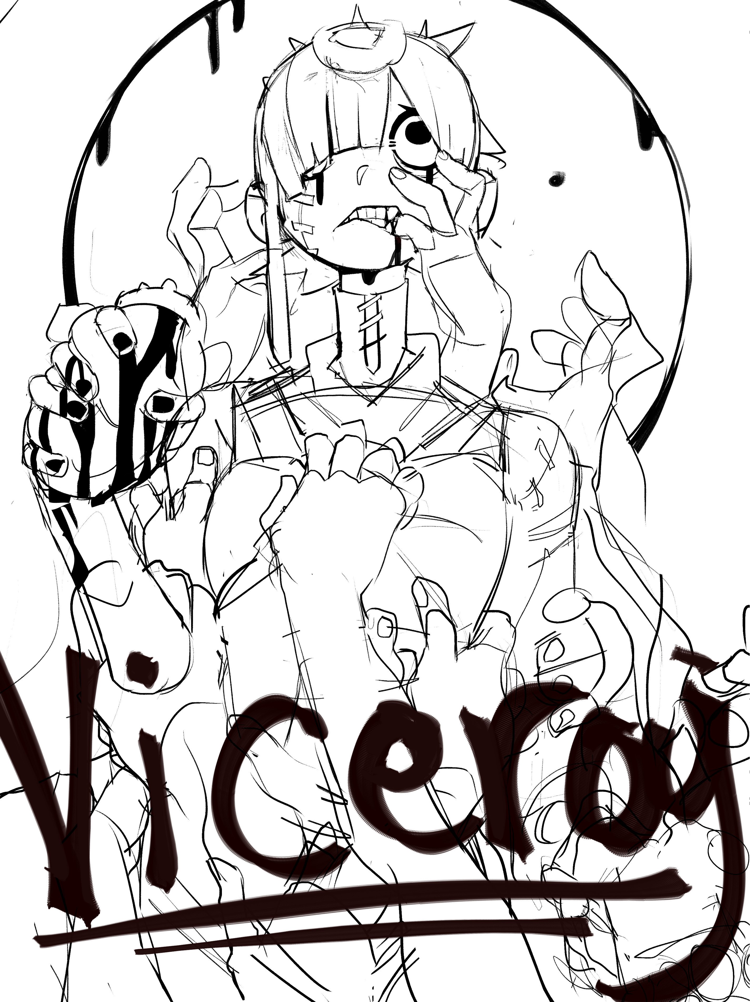 a black and white drawing of an anime girl with a creepy smile and hands reaching out. the drawing has a dark and abstract style, and the girl's face is obscured by her hands. the words "viceroy" are written in a bold font across the bottom of the drawing.