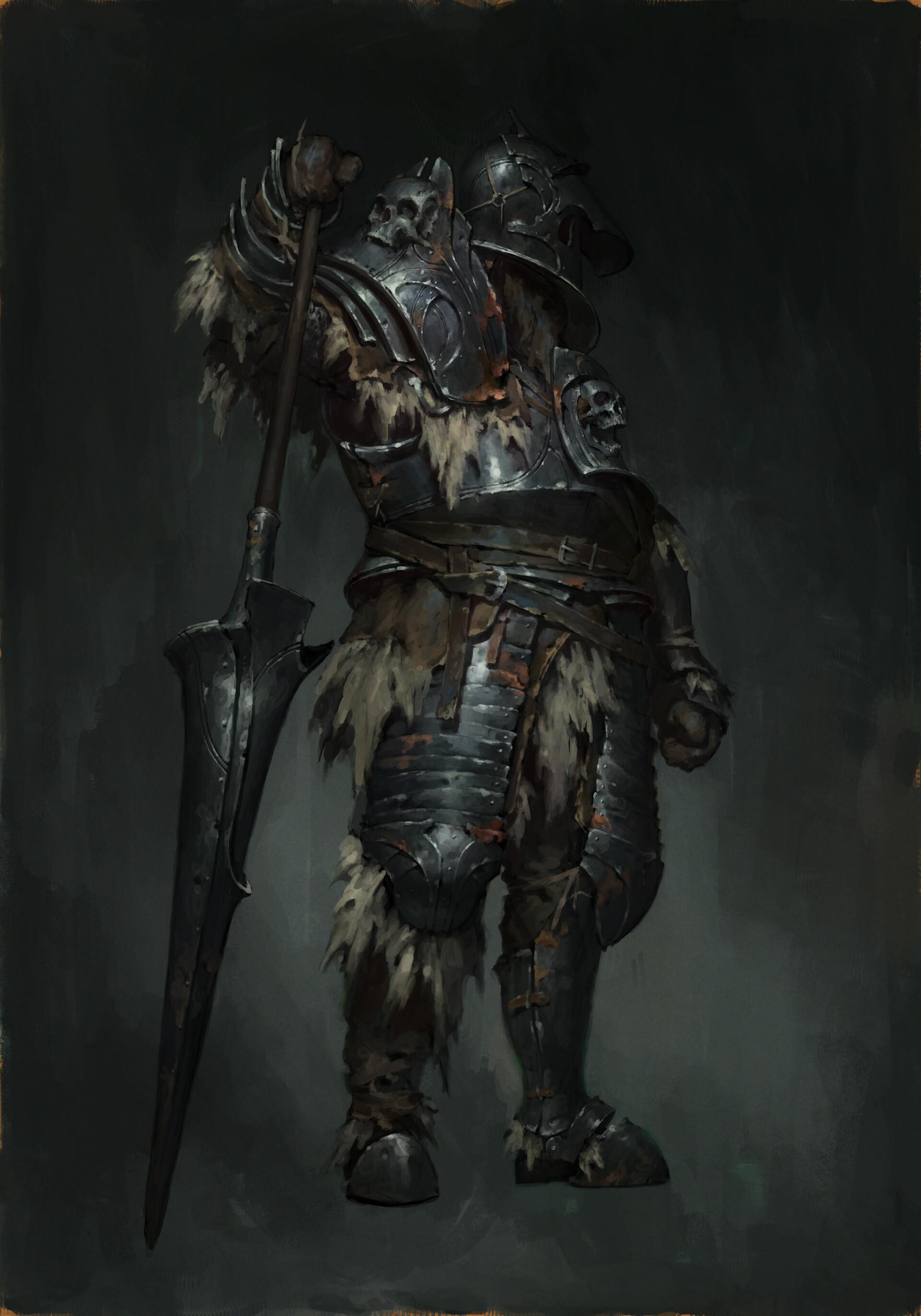 the image showcases a digital painting of a formidable warrior clad in heavy, weathered armor. he stands against a dark, undefined background, the dramatic chiaroscuro lighting emphasizing the bulk and power of his figure.  the armor, seemingly crafted from layers of metal plates and fur, speaks to a gritty, dark fantasy aesthetic.  he carries a large halberdlike weapon, its blade as worn and aged as his armor. the overall tone is one of grim determination and suggests a character hardened by countless battles.