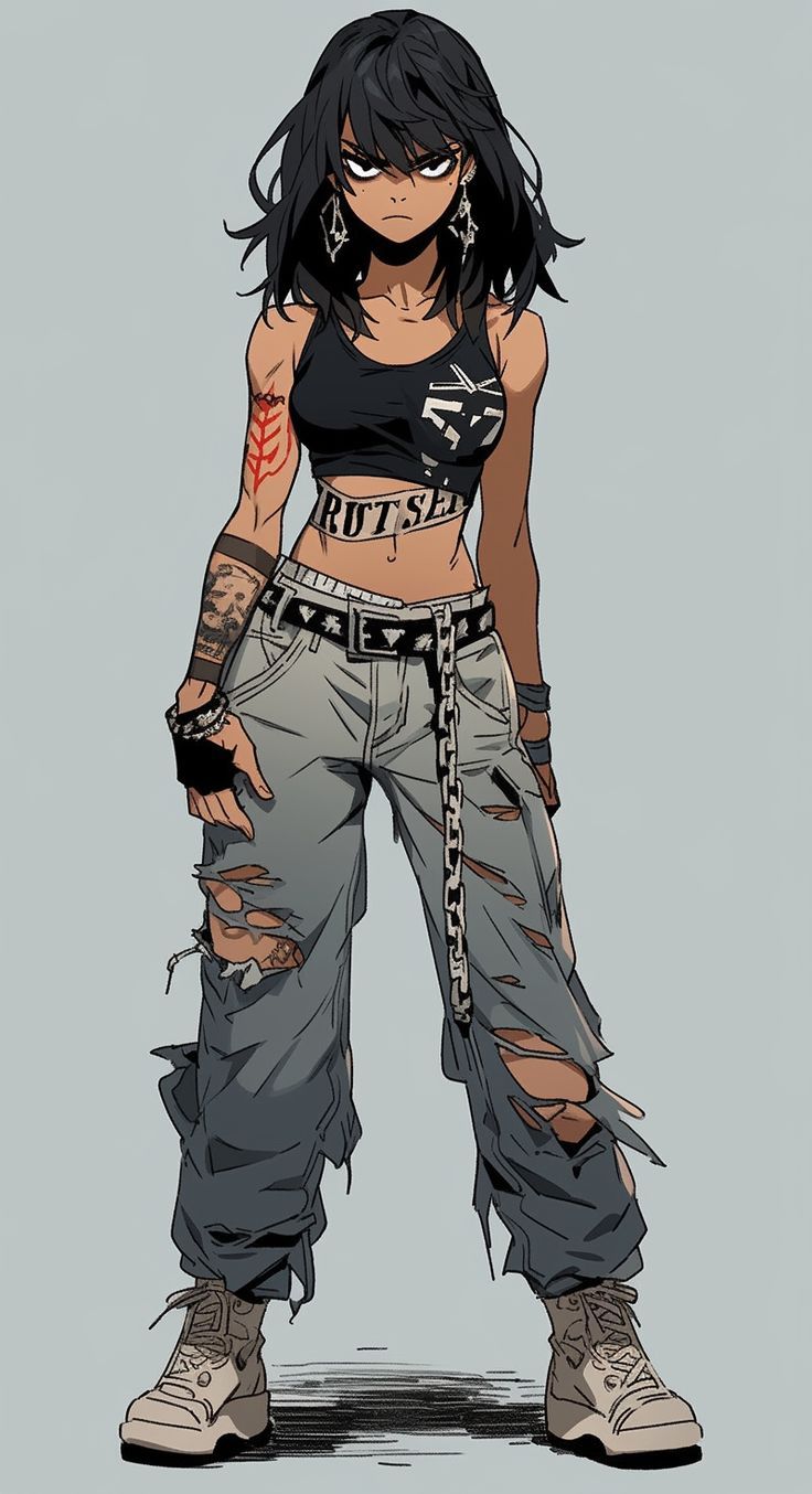 an illustration of a cool looking anime girl with black hair, black eyes, a black tank top, ripped jeans, and a chain belt. she has a tattoo on her arm and is standing in a badass pose.
