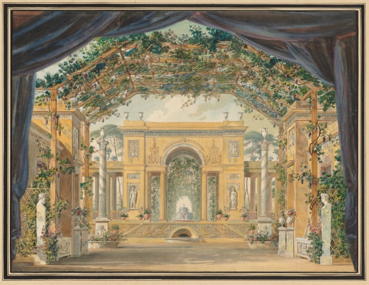 the image is a watercolor painting of a theatre set design. the set features classical architecture, including columns, arches, and statues, giving the impression of a garden or courtyard. a pergola covered in plants and vines forms a canopy above the stage. dark blue curtains are draped on either side of the stage. the overall impression is one of elegance and theatrical grandeur.
