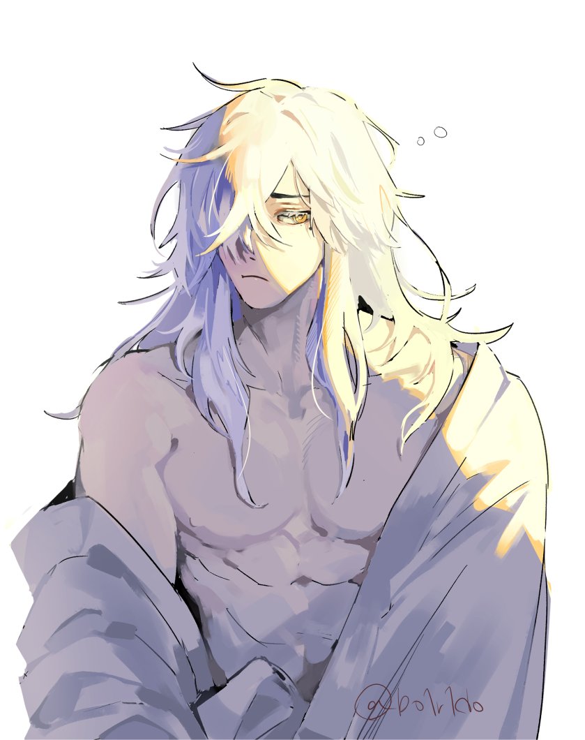 a digital illustration of a shirtless anime character with long white hair. the character is wearing a robe and looking off to the side with a thoughtful expression.