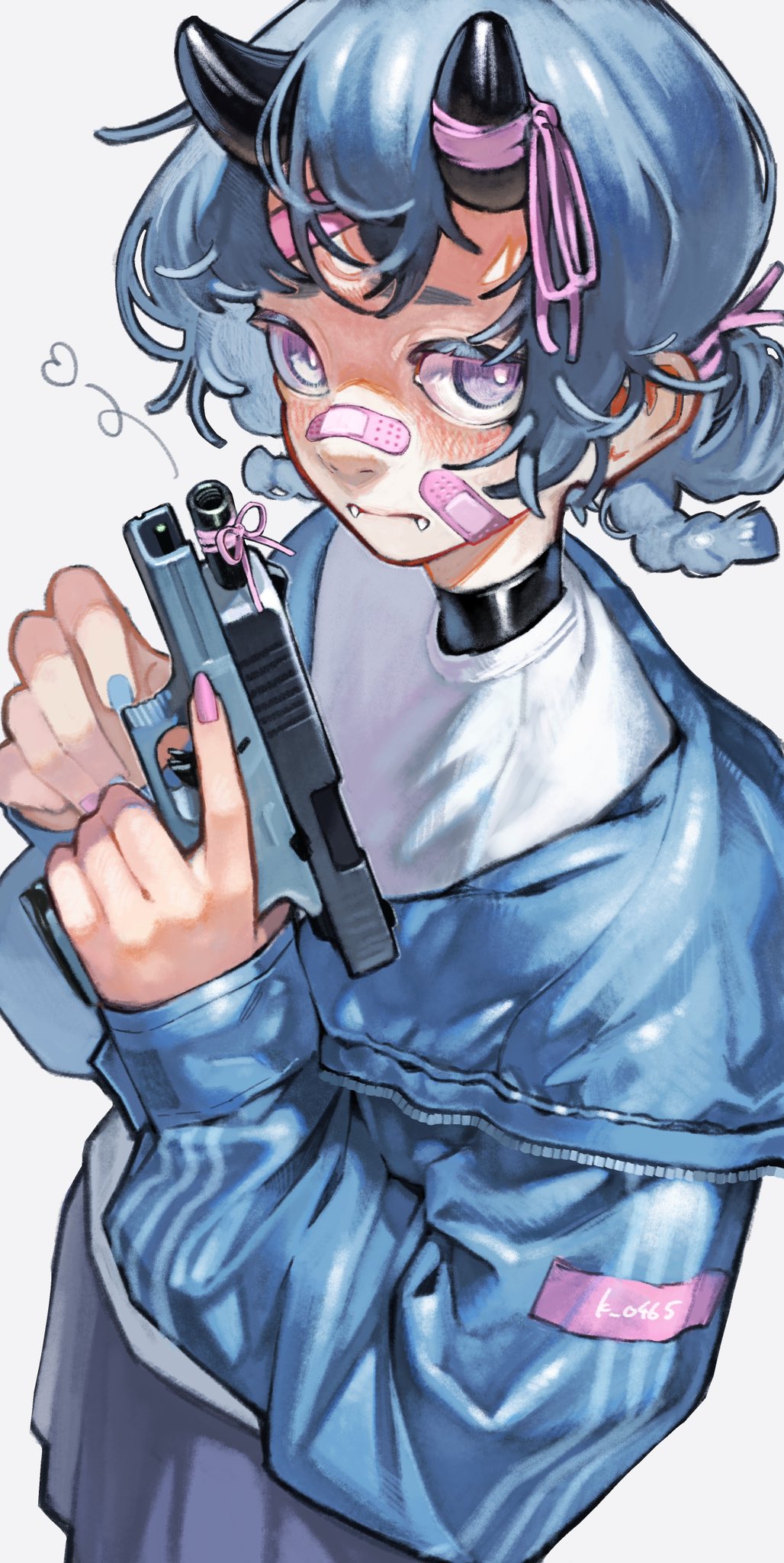 the image is a digital illustration of a cute animestyle girl.  she has short, choppy blue hair, small black demon horns adorned with pink ribbons, and bandaids on her nose and cheeks. she's dressed in a light blue, shiny jacket and is holding a handgun.  the overall style is a blend of cute and edgy, with a focus on bright colors and soft shading. the background is simple and uncluttered, drawing attention to the character. the art style has a smooth and slightly painterly texture.