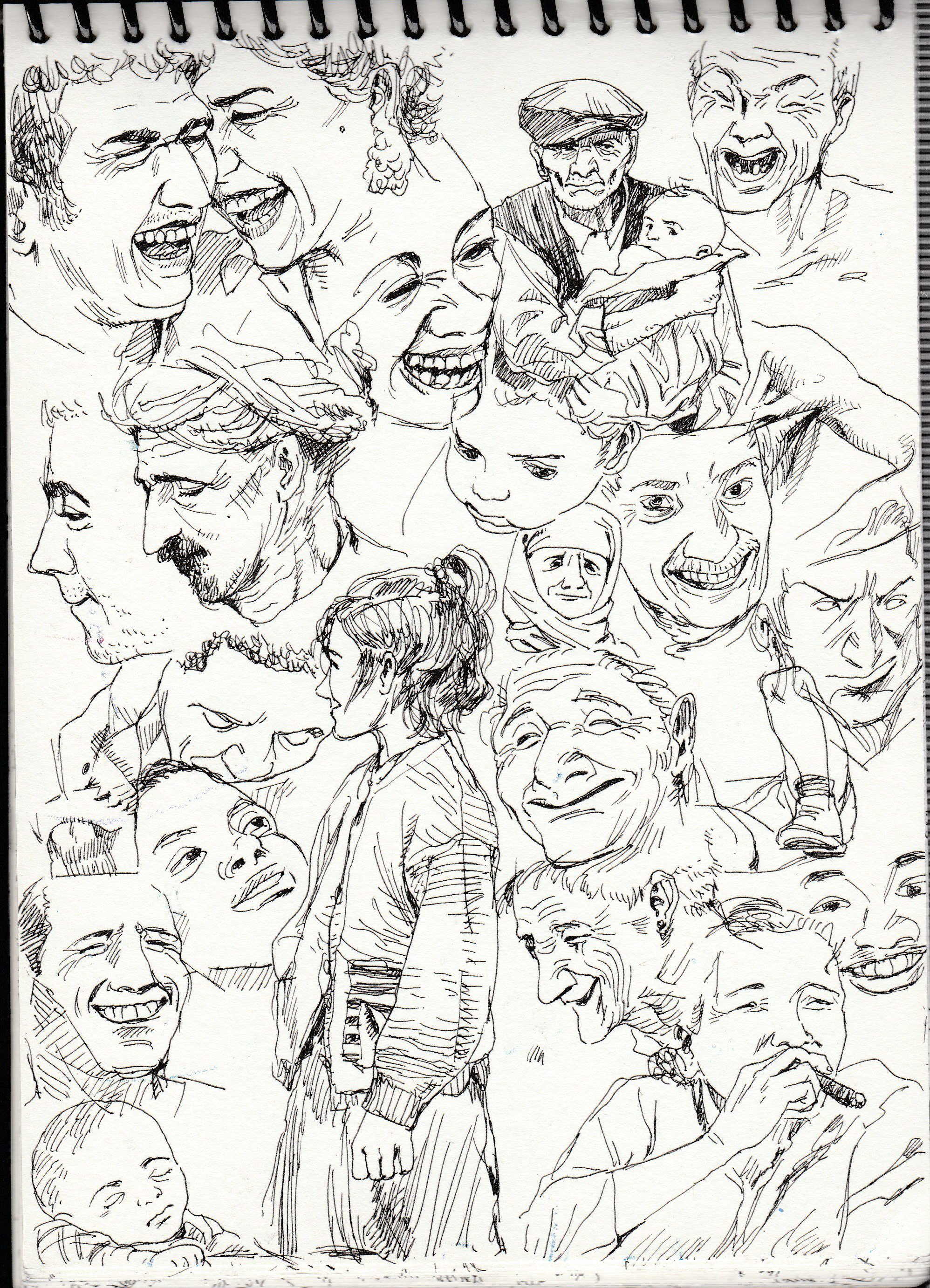 a pen and ink drawing of a group of people's faces. the drawing is done in a loose and expressive style, with many different expressions captured. the people in the drawing appear to be of different ages, and some are looking directly at the viewer while others are looking away. the drawing is filled with a sense of energy and movement.