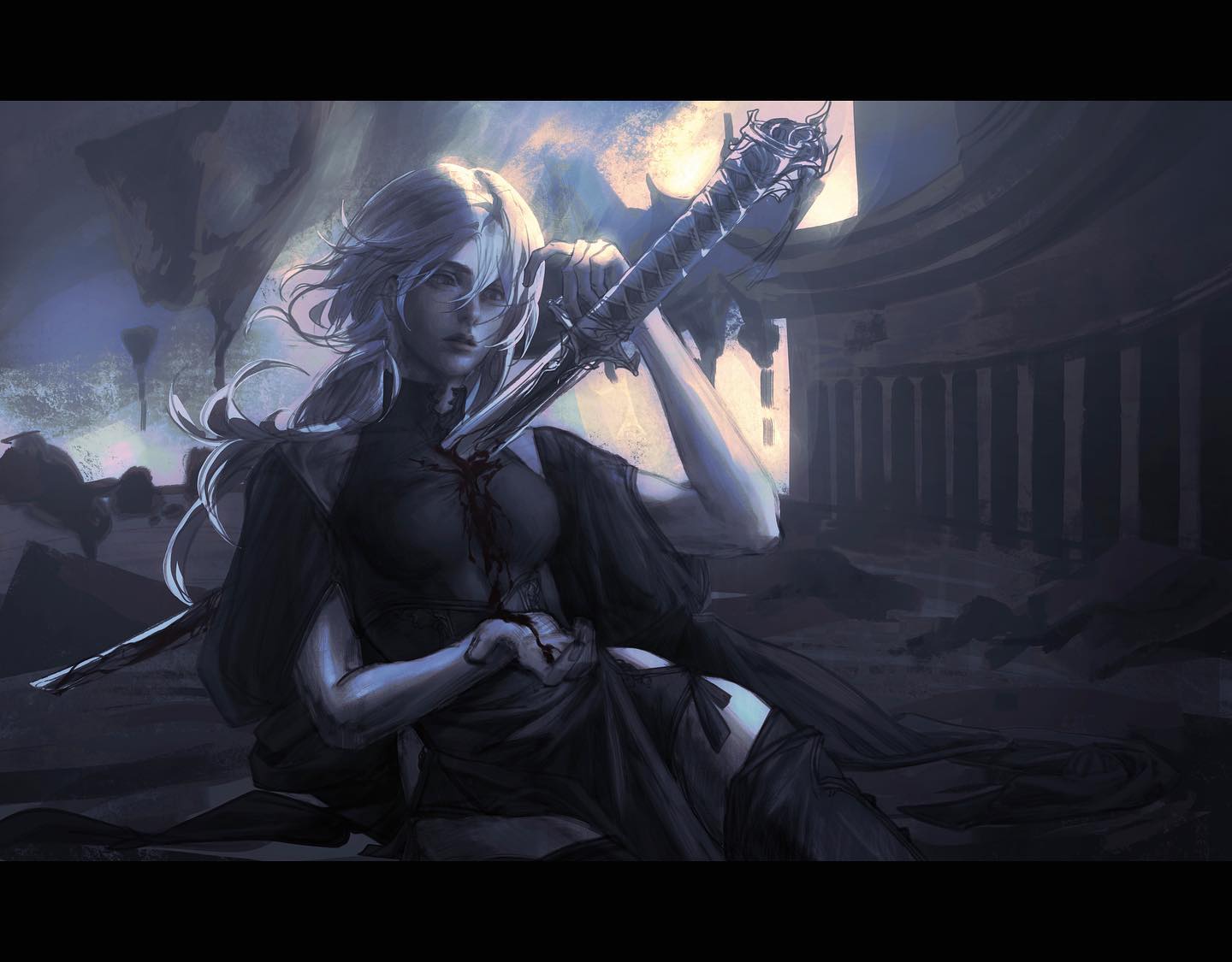 a digital illustration of a woman in a black dress lying on the ground in a dark, dilapidated, greycolored environment. she has white hair, a sword sticking out of her chest, and she looks like she is dead or dying.