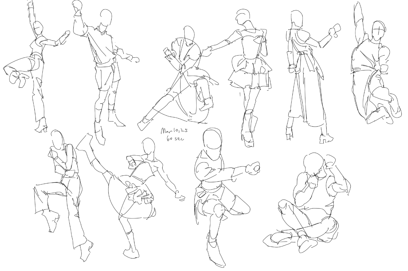 the image shows a collection of quick sketches of figures in various dynamic poses, likely captured in a short timeframe as indicated by "60 sec" annotation. the poses include martial arts stances, dance movements, and general action scenes. the style is loose and focuses on capturing the essence of the pose rather than detailed anatomy.