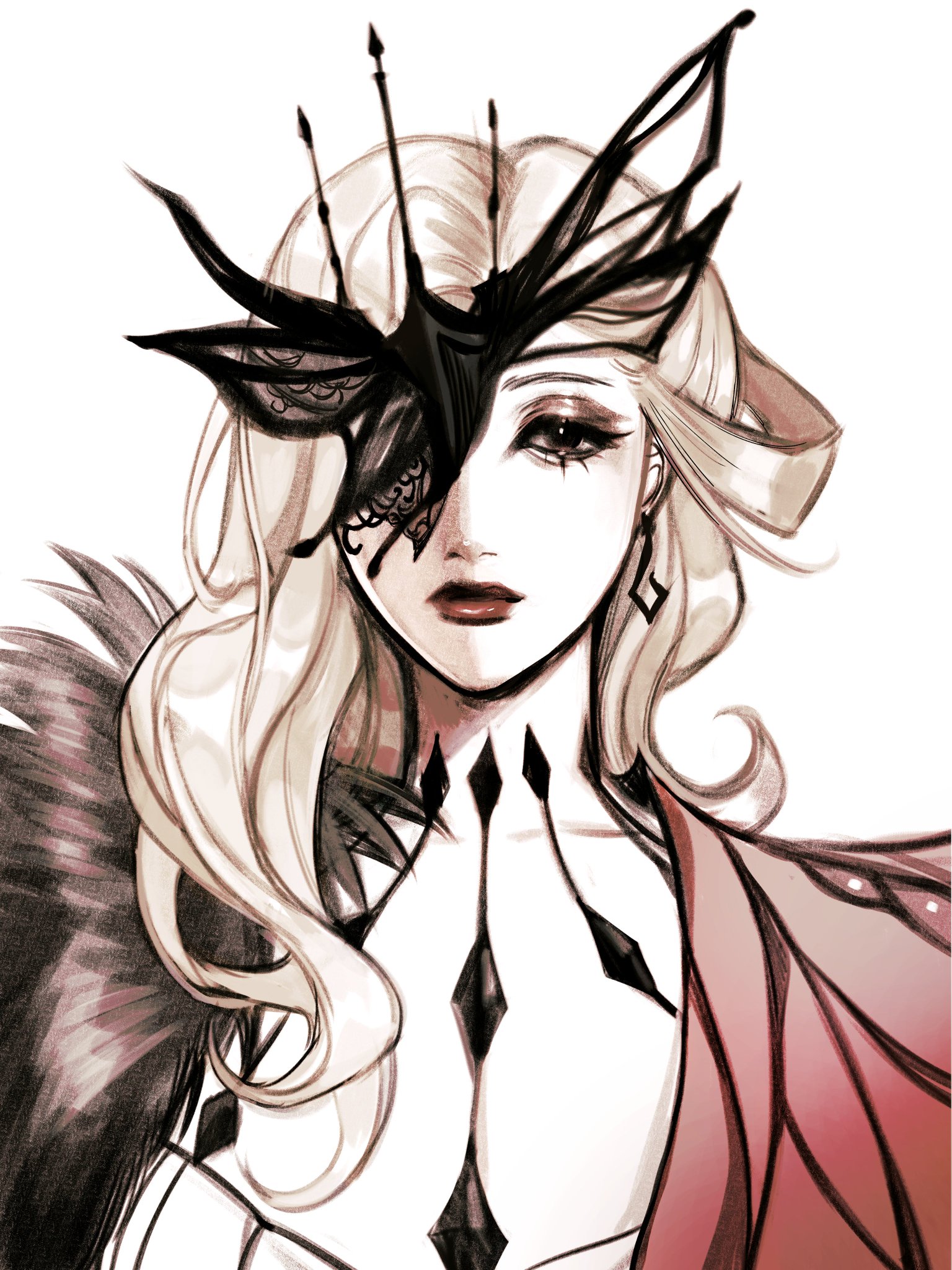 a beautiful woman with long blonde hair and a red dress. she is wearing a black mask over her left eye and has a diamondshaped tattoo on her neck. the art style is reminiscent of anime or manga and is done in a digital drawing style. the illustration has a dark and mysterious air to it, suggesting a gothic or fantasy theme. the woman's expression is soft, yet the mask and the diamond tattoo suggest a more sinister or powerful side to her character.