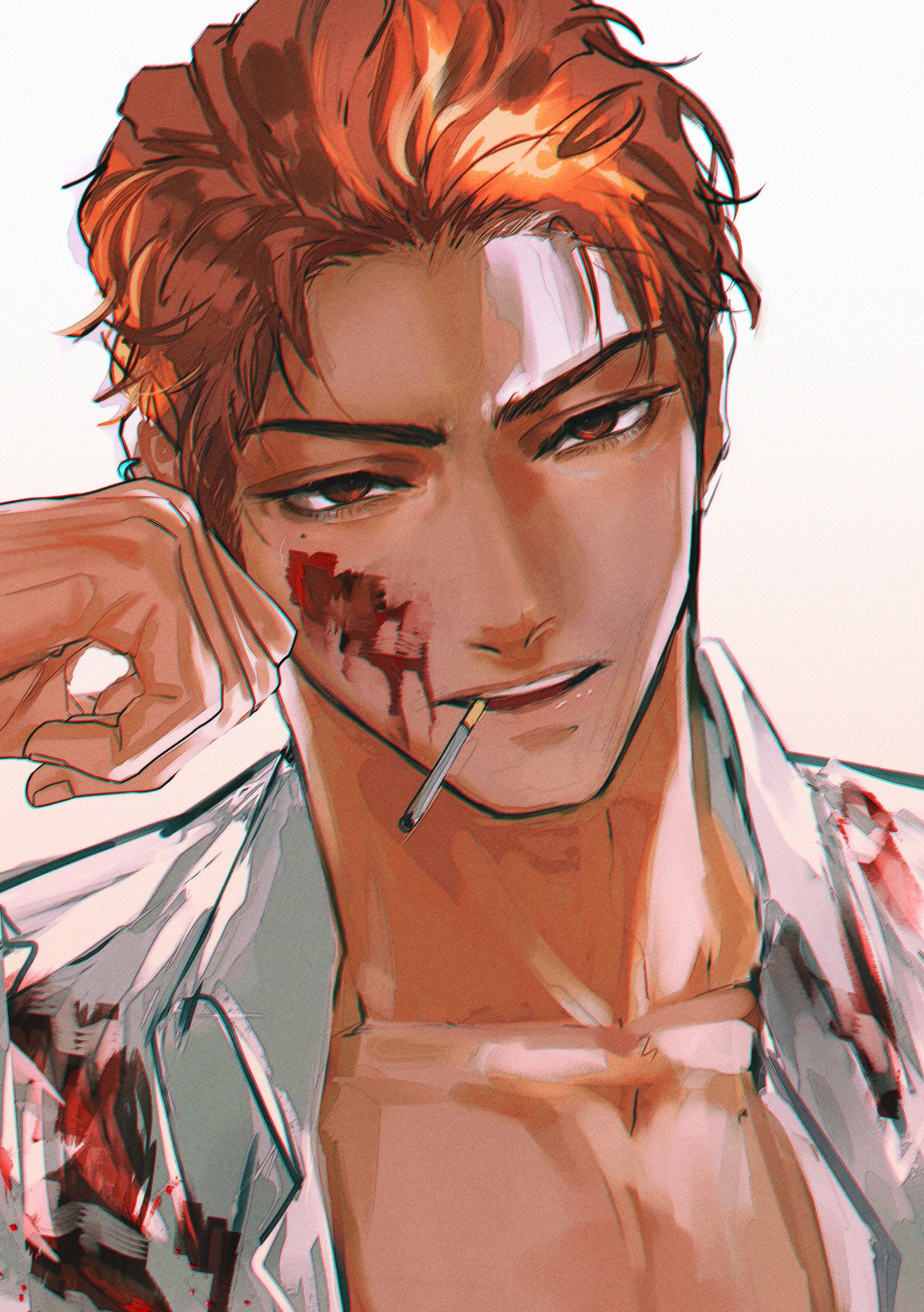 a close up portrait of a  male anime character with reddishorange hair. he is shirtless with a white shirt unbuttoned, revealing his chest,  and has a white bandage on his forehead. his face is covered in blood and he appears to have a serious expression, with a cigarette in his mouth.
