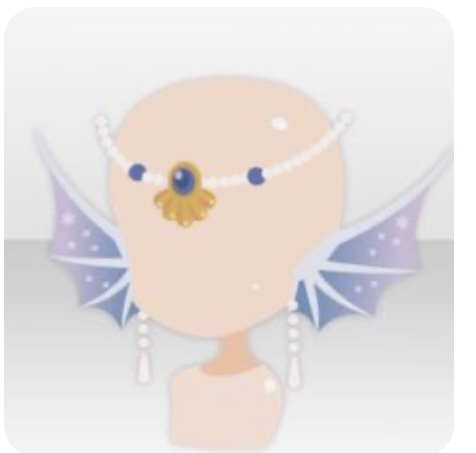 this is a fashion illustration showcasing a mermaidinspired headpiece. the headpiece features delicate wings with a gradient from blue to purple, a tiara adorned with pearls and a central blue gem, and dangling pearl earrings.