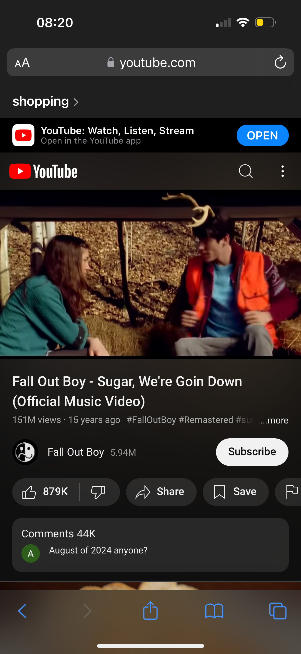 a screenshot of the youtube app, displaying the music video for fall out boy's "sugar, we're goin down". it shows the official video description, view count, number of comments, the number of likes, and the option to subscribe to the channel. the image is of a video on youtube for fall out boy's song sugar, we're goin down. the music video has 151 million views.