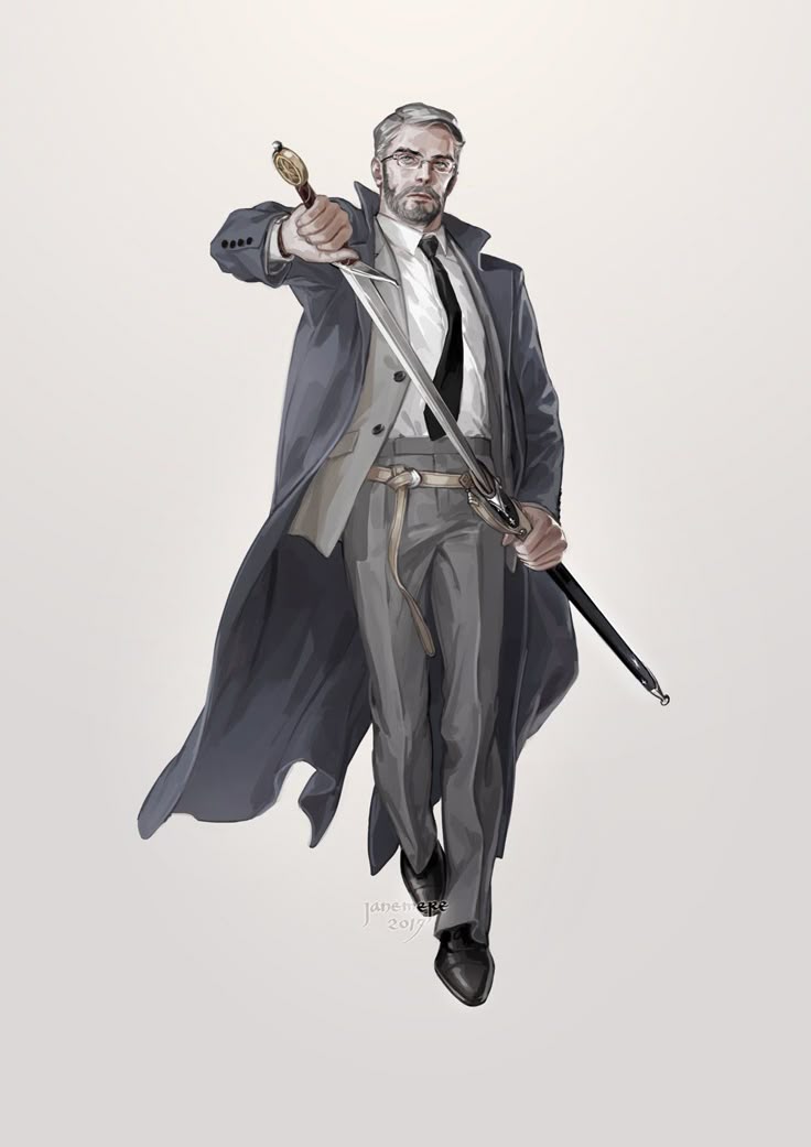 an illustration of a man in a suit, grey overcoat, tie, and glasses, holding a sword. he has grey hair and is wearing black dress shoes.