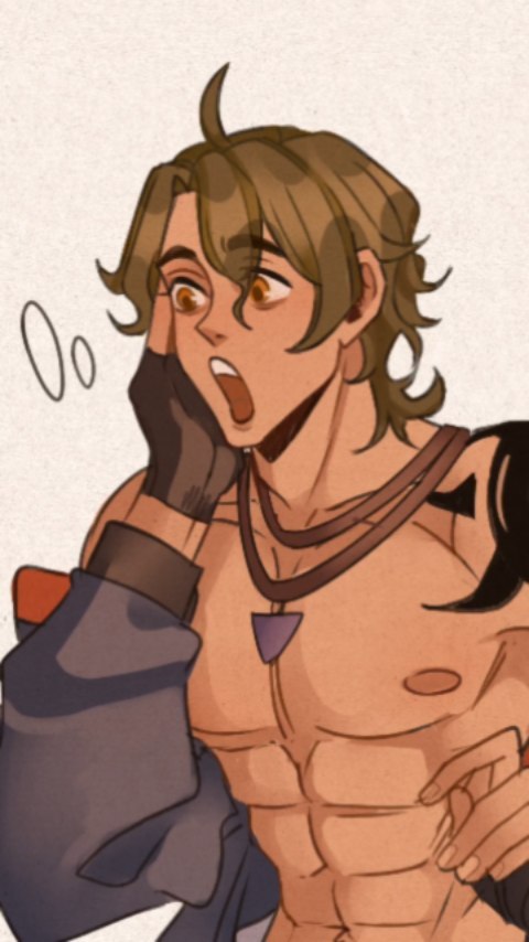 the image is a digital drawing or fanart depicting a surprised or shocked young man with short brown hair. he's muscular and partially shirtless, showing off a toned physique. he has a tattoo on his shoulder. another person's hand is gently holding his face.  the style is reminiscent of anime or manga, with soft shading and slightly exaggerated features. the overall mood suggests a scene of affection or intimacy, or a moment of surprise shared between two people.