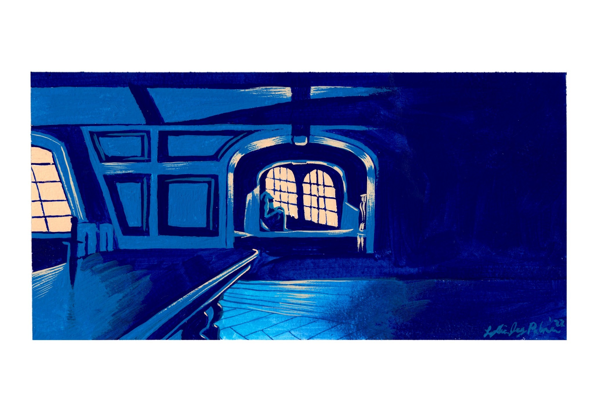 a painting of a dimly lit room with a lone figure sitting by the window in the background. the scene is predominantly blue with contrasting warm light from the window. the perspective is from the corner of the room with a portion of a table in the foreground.