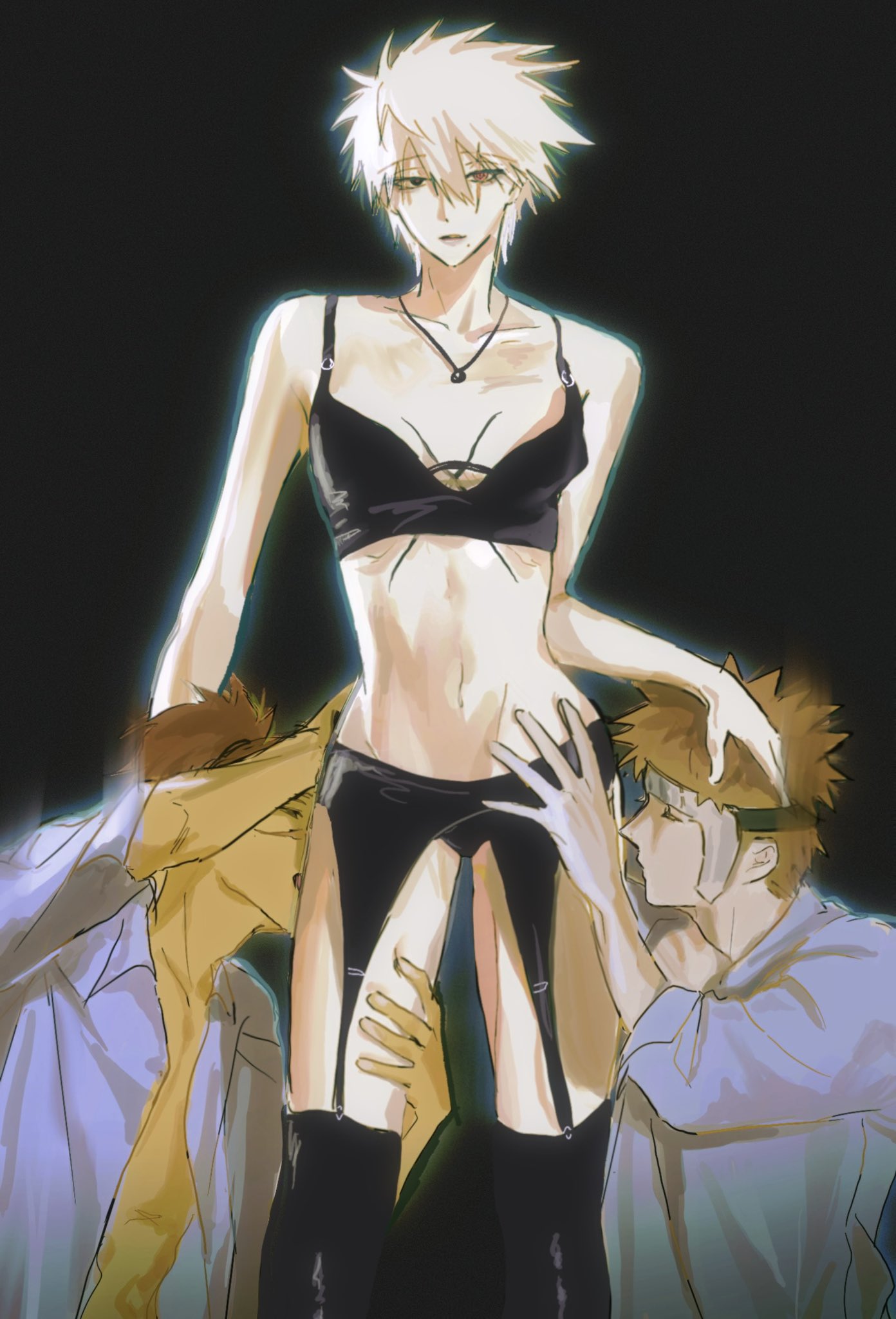 the image is an animestyle fanart depicting a suggestive scene. a slender, androgynous male character with white spiky hair is wearing black lingerie. he is positioned centrally, and two other male characters, with slightly less defined features, are positioned on either side of his legs and torso, their hands suggestively placed on him. the overall aesthetic is sensual and intimate, set against a dark background which emphasizes the characters.  the style is artistic and painterly rather than strictly clean lined.  the scene implies a romantic or sexual tension between the characters.