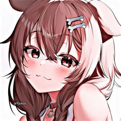 the image is a closeup portrait of a female anime character. she has brown hair with white streaks, and is wearing a white top. she is smiling and blushing, and her eyes are closed. she also has dog ears.