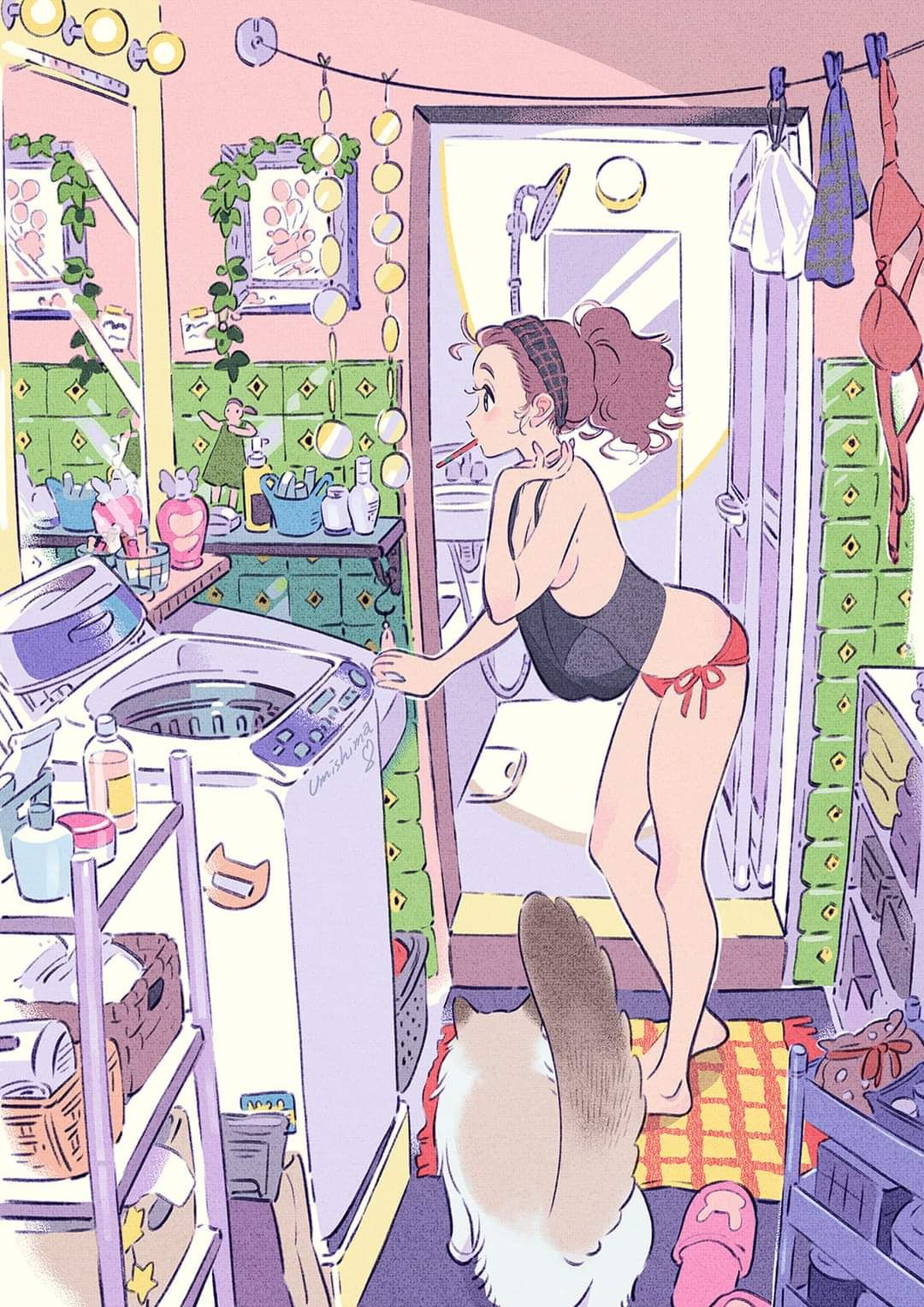 the illustration depicts a young woman in her bathroom, engaged in the everyday task of doing laundry. bathed in natural light streaming through the doorway, she stands before a washing machine, her hand resting on the control panel. her relaxed posture and the presence of her cat nearby convey a sense of comfortable domesticity. the bathroom is charmingly cluttered, adorned with plants, toiletries, and laundry essentials. the scene captures a relatable moment of daily life, infused with warmth and a touch of gentle humor.