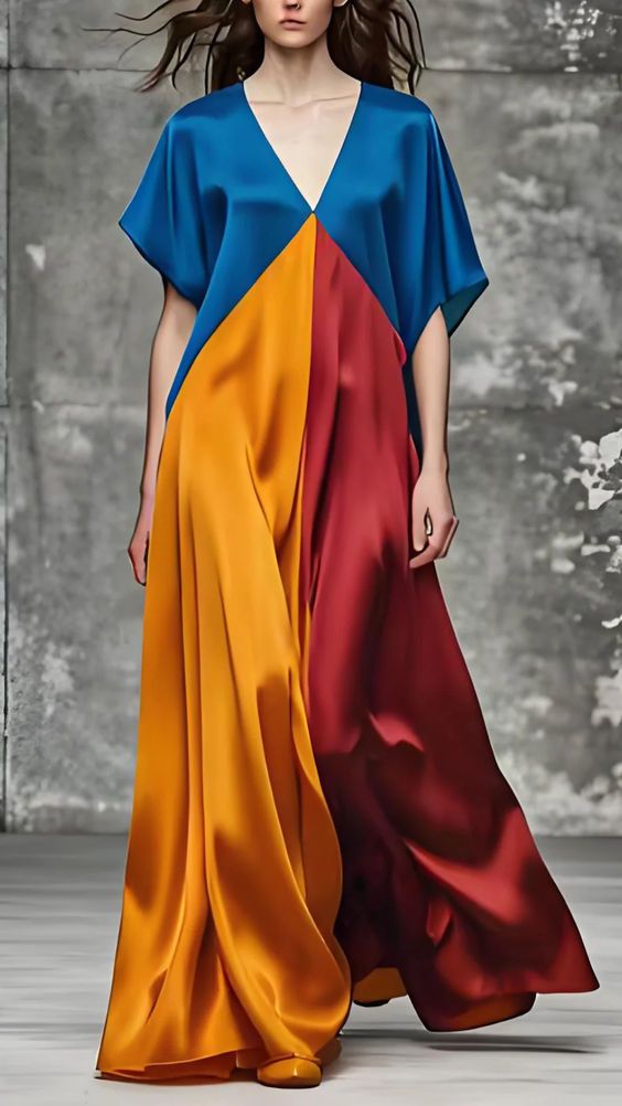 a woman in a long silk dress in blue, yellow, and red, is walking on a runway. she is posing for the camera. the dress is made of satin and has a vneckline. the woman is wearing high heels. the background is a grey concrete wall.