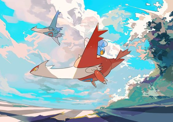 two pokemon, latias and latios, are soaring through a bright blue sky filled with fluffy white and pale blue clouds. latias is red and white while latios is blue and white. they are flying above a landscape of pale yellow and lavender with a hint of green, suggesting a coastline with vegetation. the lighting is soft and natural, giving the impression of a clear, sunny day. the perspective is aerial, providing a view from below the flying pokemon as they journey through the sky.