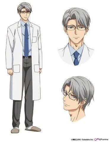 this image is a digital illustration of an anime character. the character is a male doctor, wearing a white coat and blue tie, with grey hair and glasses. he is smiling and standing, looking at the viewer. the image is in a portrait format and appears to be from a manga or anime.