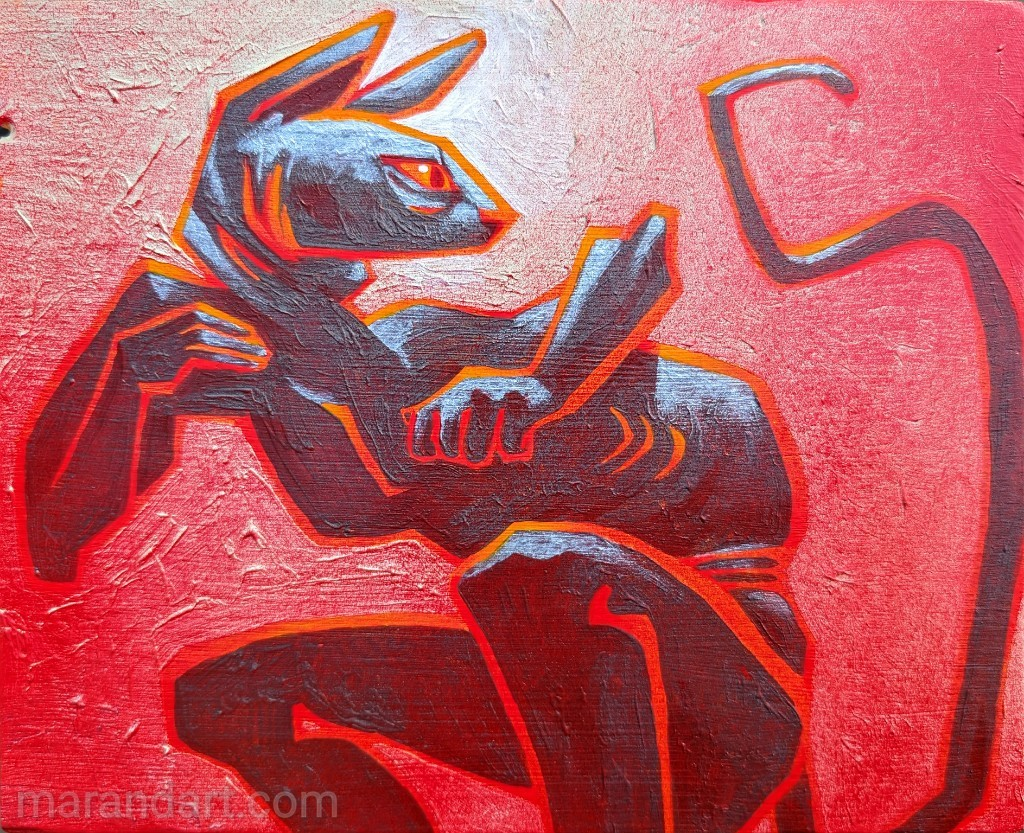 the image is an illustration of a hairless cat (sphinx) on a red background.  the cat is illustrated in black paint, with highlights in orange. the cat is in a pose that indicates motion, as if it is about to pounce.