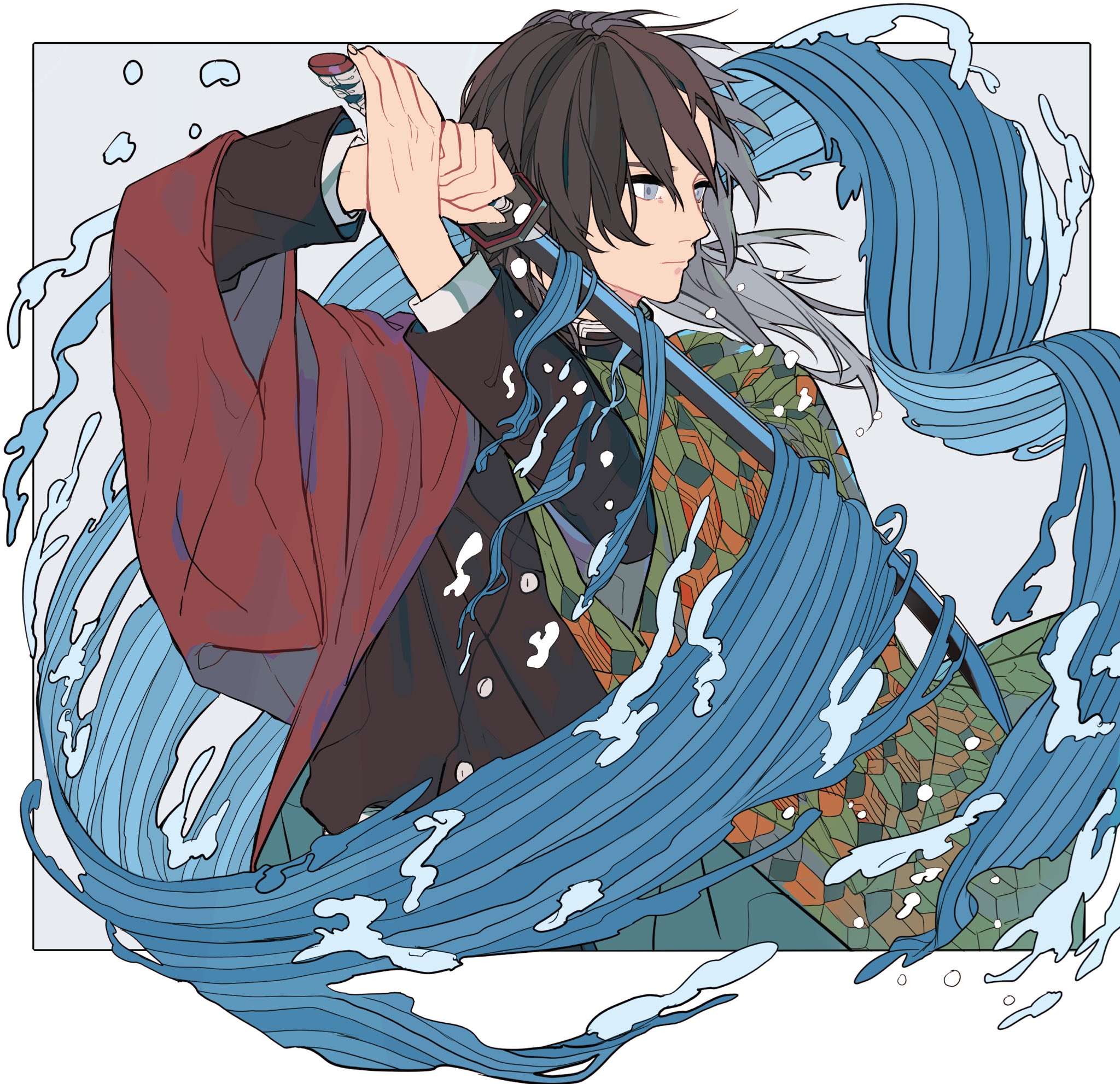 an illustration of giyu tomioka from demon slayer, holding a sword with water swirling around him. he is wearing his red haori and demon slayer uniform.