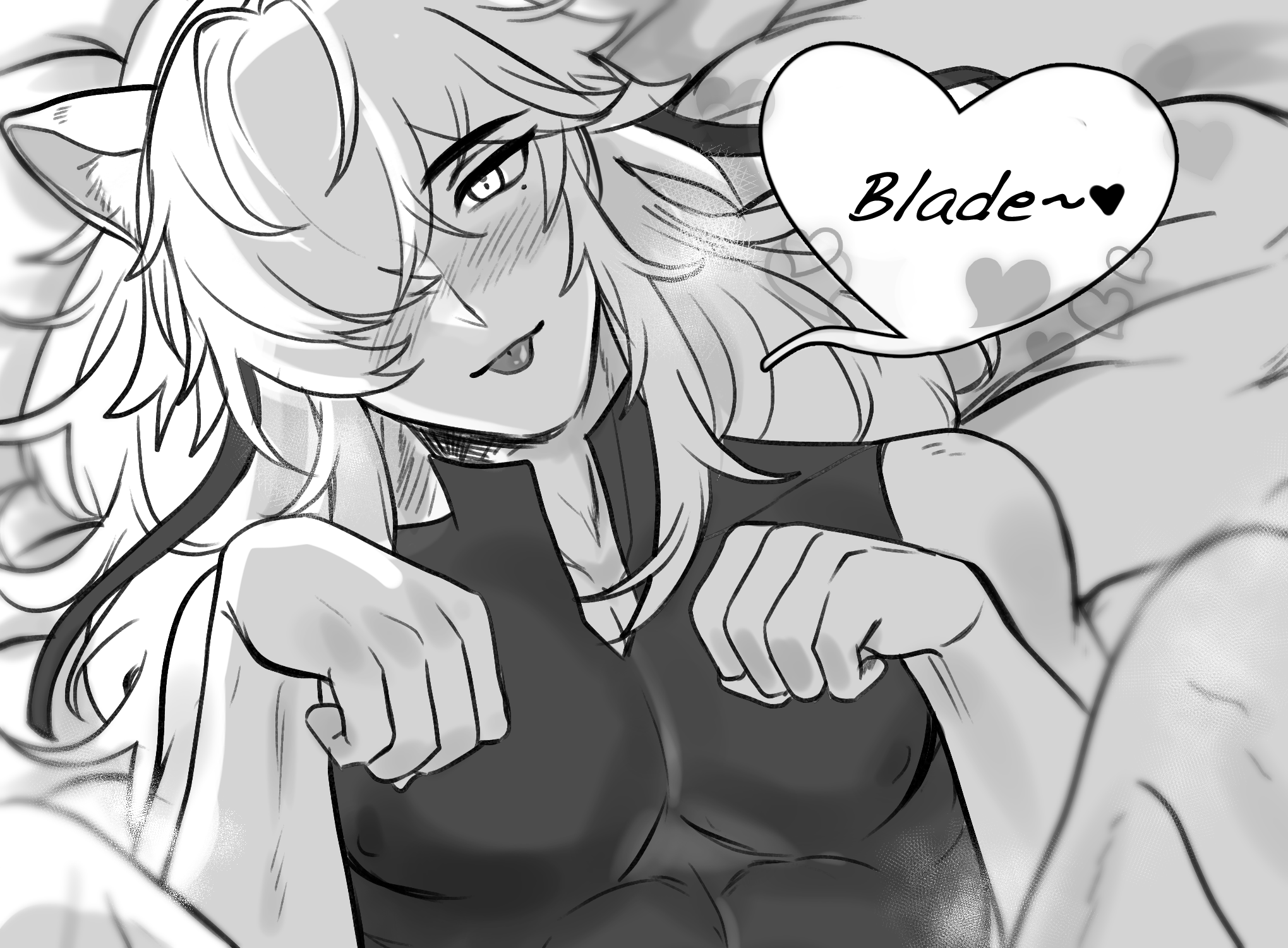this is a manga style drawing of a woman with white hair. she is wearing a black shirt and has a very excited expression. she is blushing and has a thought bubble over her head that says "bladen" with a heart.