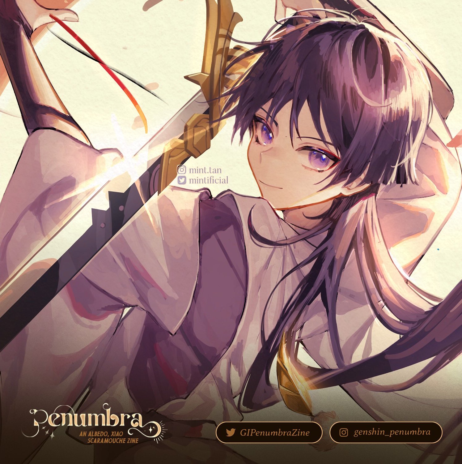 this is a digital illustration of an anime girl with purple hair holding a goldendetailed sword, wearing a white outfit with a purple collar. this piece is a fanmade artwork for a zine based on the game genshin impact. it features the logo of the zine, "penumbra," along with its social media handles. the style of the artwork is colorful and vibrant.