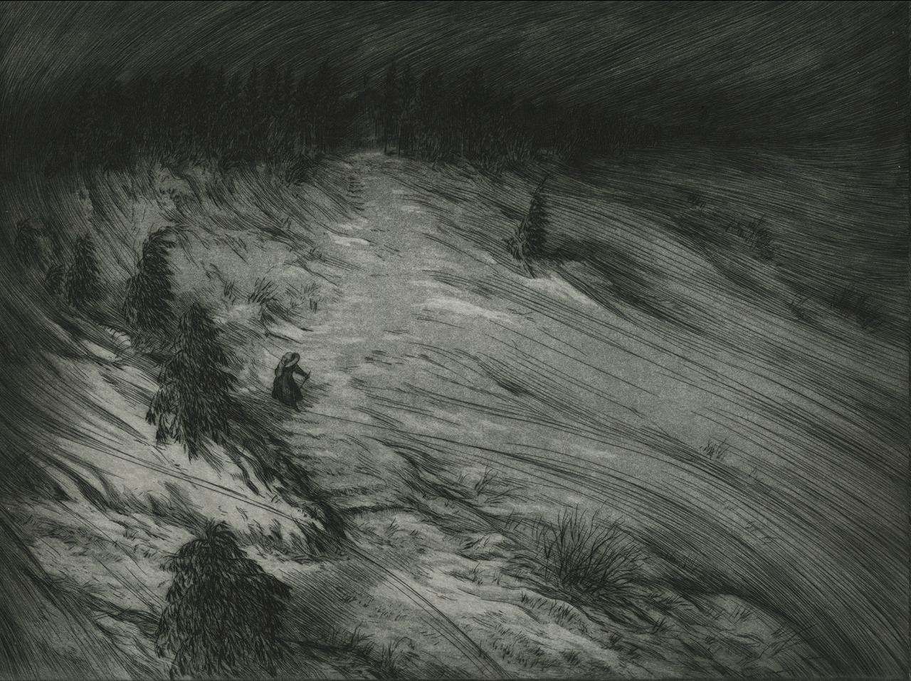 the image is a black and white, high contrast photo showing an aerial view of a snowy mountain landscape. the photo appears to be old or stylized to appear old. there is one small figure walking on a path up the mountain.