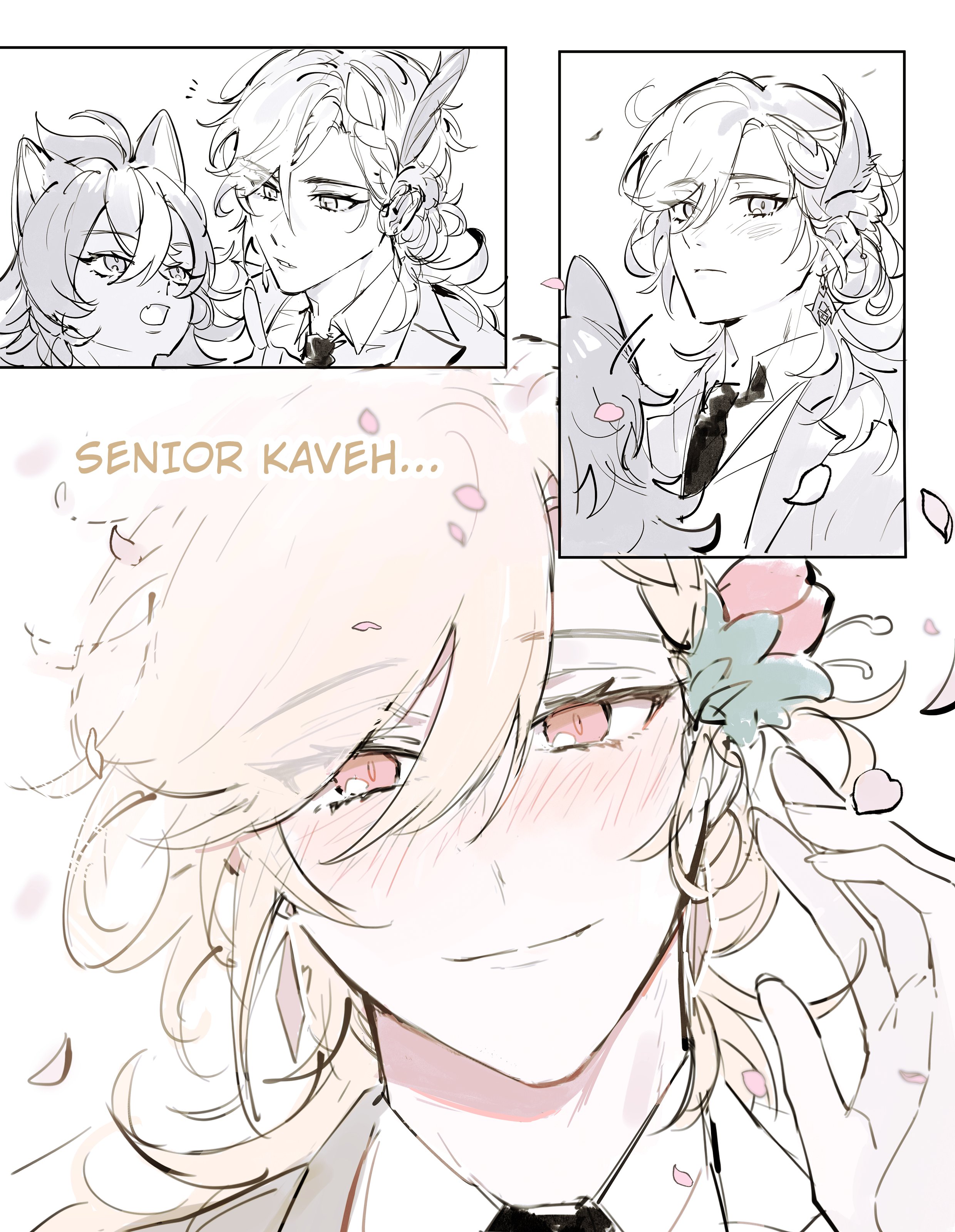 the image is an animestyle illustration of two male characters. the character on the right is blushing and has a happy expression while the other character is blushing and looking away with a sweet expression. there are some flowers falling around the characters, suggesting a romantic setting.