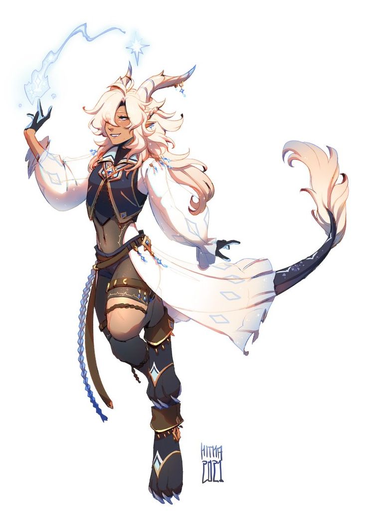 a digital illustration of a fantasy character with white hair, a tail, and claws. she is wearing a white cloak, a black dress, and black boots. she has stars around her and she is using magic to create a ball of light in her hand. the background is white.  the artwork is done in a digital style.