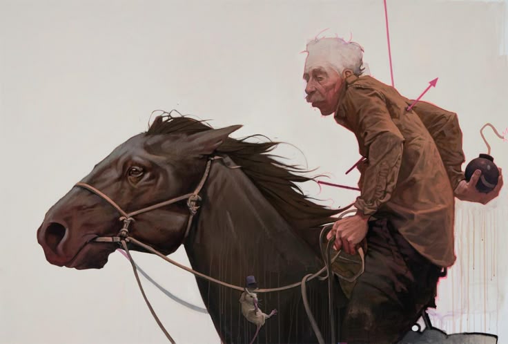 the image is a painting that depicts an elderly man riding a darkcolored horse. the man is wearing a brown shirt and pants, and he has white hair. he is holding a black bomb in his right hand. there are pink arrows piercing his body. a small white mouse wearing a purple top hat is hanging from the horse's bridle. the background is a plain white.