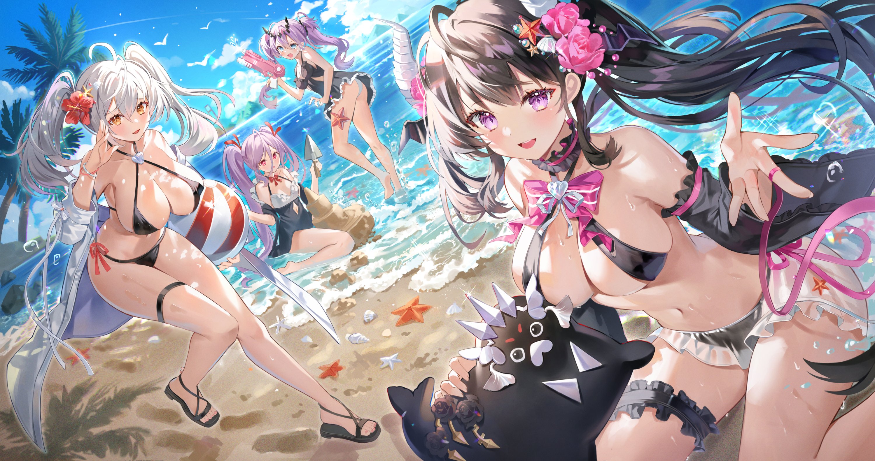 the image is a vibrant digital illustration depicting four anime girls enjoying a day at the beach.  they are all dressed in various bikinis and swimsuits, and are engaging in playful activities like holding water guns and inflatables. the background features a sunny beach scene with blue water, waves, sand, and starfish.  one girl in the foreground has devil horns and is playfully holding a black creature with spikes. the overall style is lighthearted and cheerful. the art is detailed and uses bright, saturated colors.
