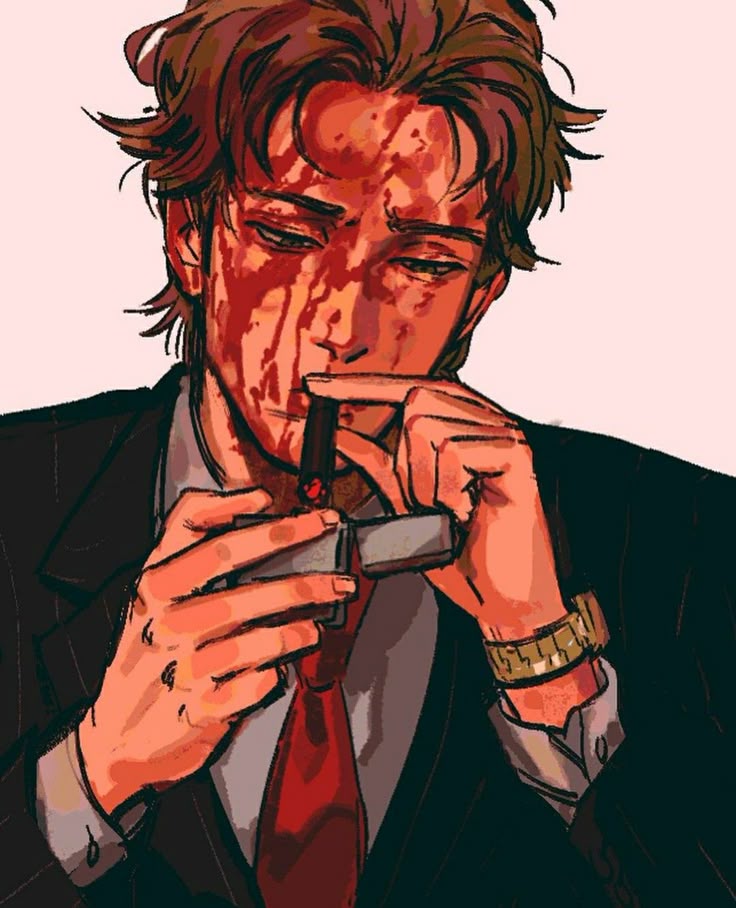 the image is an illustration of a man wearing a suit and tie. he has dark hair and blood splattered on his face. he is holding a cigar in his mouth and lighting it with a lighter. he is also wearing a gold watch.