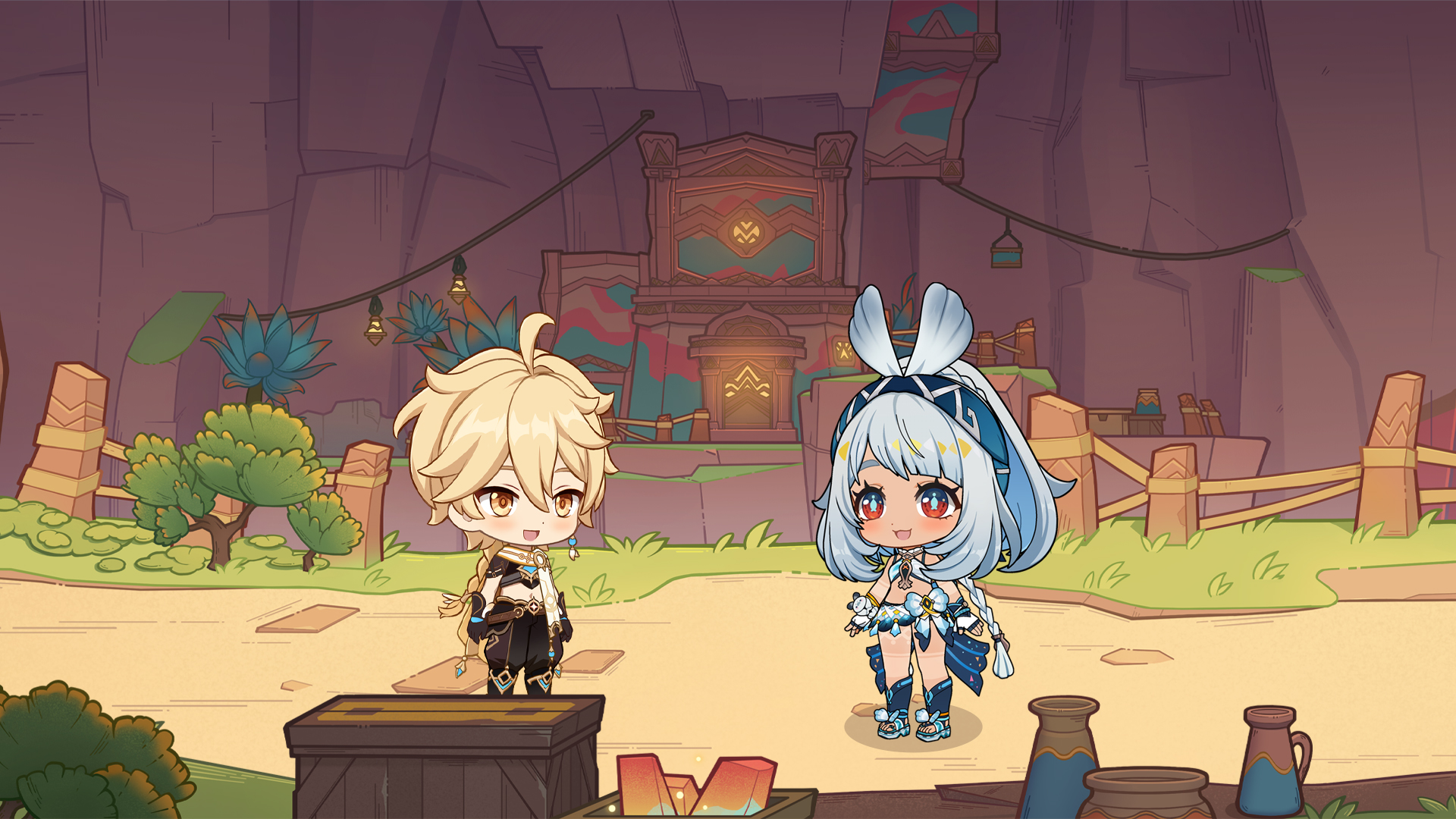 the image depicts a scene from the popular video game genshin impact.  two chibi characters, a boy with blonde hair and a girl with white hair, are standing in front of a wooden chest. they are smiling and appear to be engaged in a conversation.  the background features a scenic outdoor landscape with a rocky cave, lush vegetation, a small wooden house, and various decorative elements.  the overall atmosphere is cheerful and whimsical, showcasing the charming art style of the game.