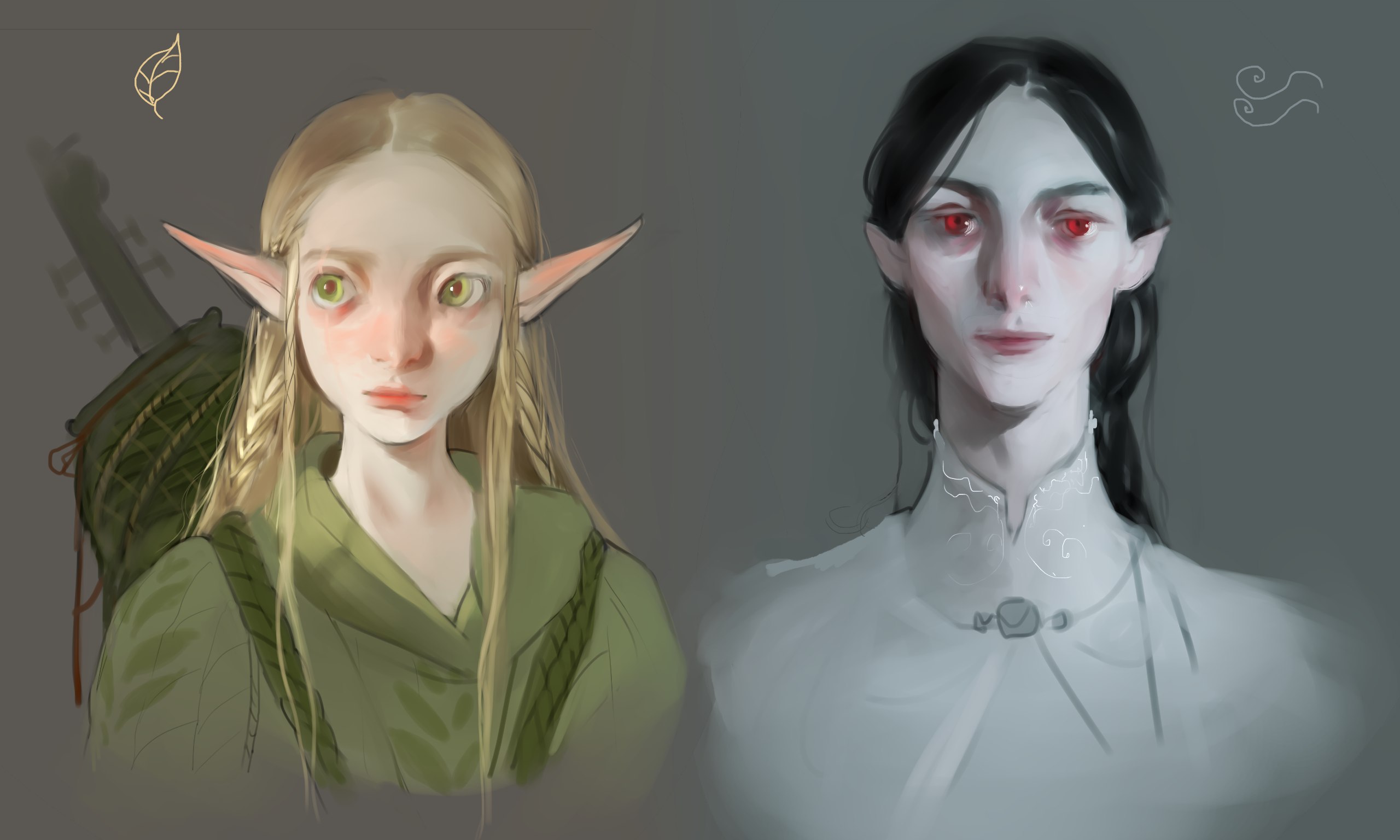 a digital painting of an elf with green clothing and blond hair next to a vampire with black hair and a white robe, both with a neutral facial expression.