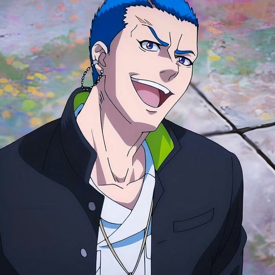 a closeup illustration of an anime character, likely male, with a mischievous smirk. he has vibrant blue hair and striking purple eyes. he wears a black jacket with green accents over a white shirt, accessorized with a chain earring and a necklace. the background is an abstract mix of colors, possibly implying an urban or artistic setting. the lighting is soft, highlighting his features and emphasizing the confident, almost smug, expression on his face.