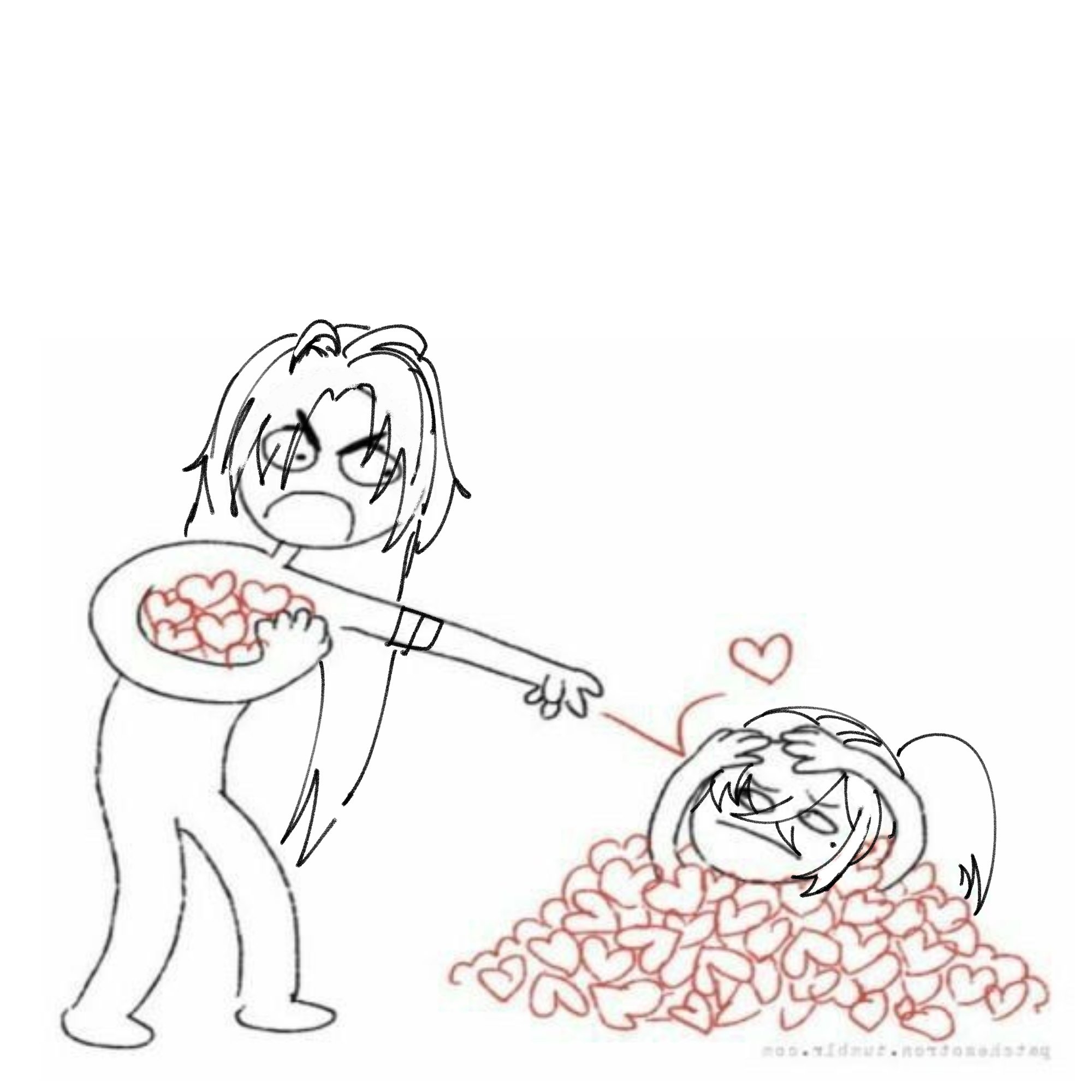 the image shows two cartoon characters. the first is standing with a bowl of hearts, gesturing away and appearing angry. the second is lying in a pile of hearts, covering their eyes, seemingly annoyed by the hearts. the line between the two appears to be a string with a heart at the end.