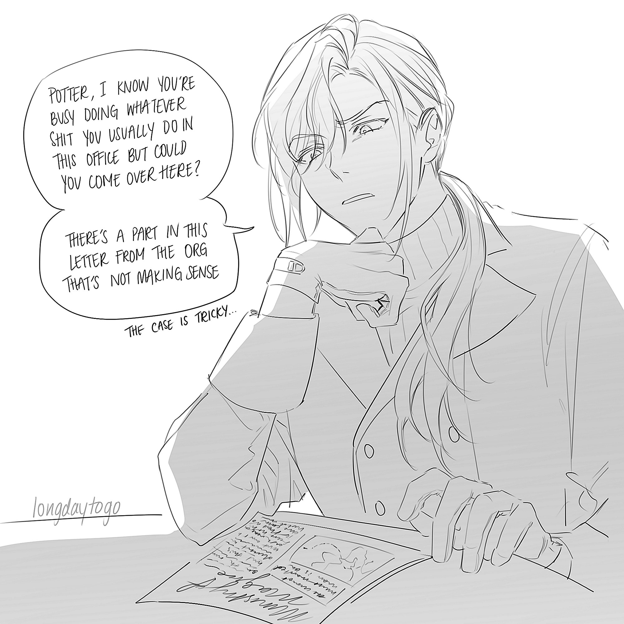 he image is a black and white sketch or drawing of an animestyle male character, seemingly deep in thought and possibly working on a case. he is seated, with long hair pulled back, wearing a coat and turtleneck. a speech bubble contains dialogue, suggesting an urgent matter related to a letter from an organization. he appears concerned and focused, with his hand on his chin, studying a document in front of him. the style is clean and expressive, capturing the character's emotion and the intensity of the situation. the background is simple, emphasizing the character and the text. the overall tone is mysterious and intriguing.