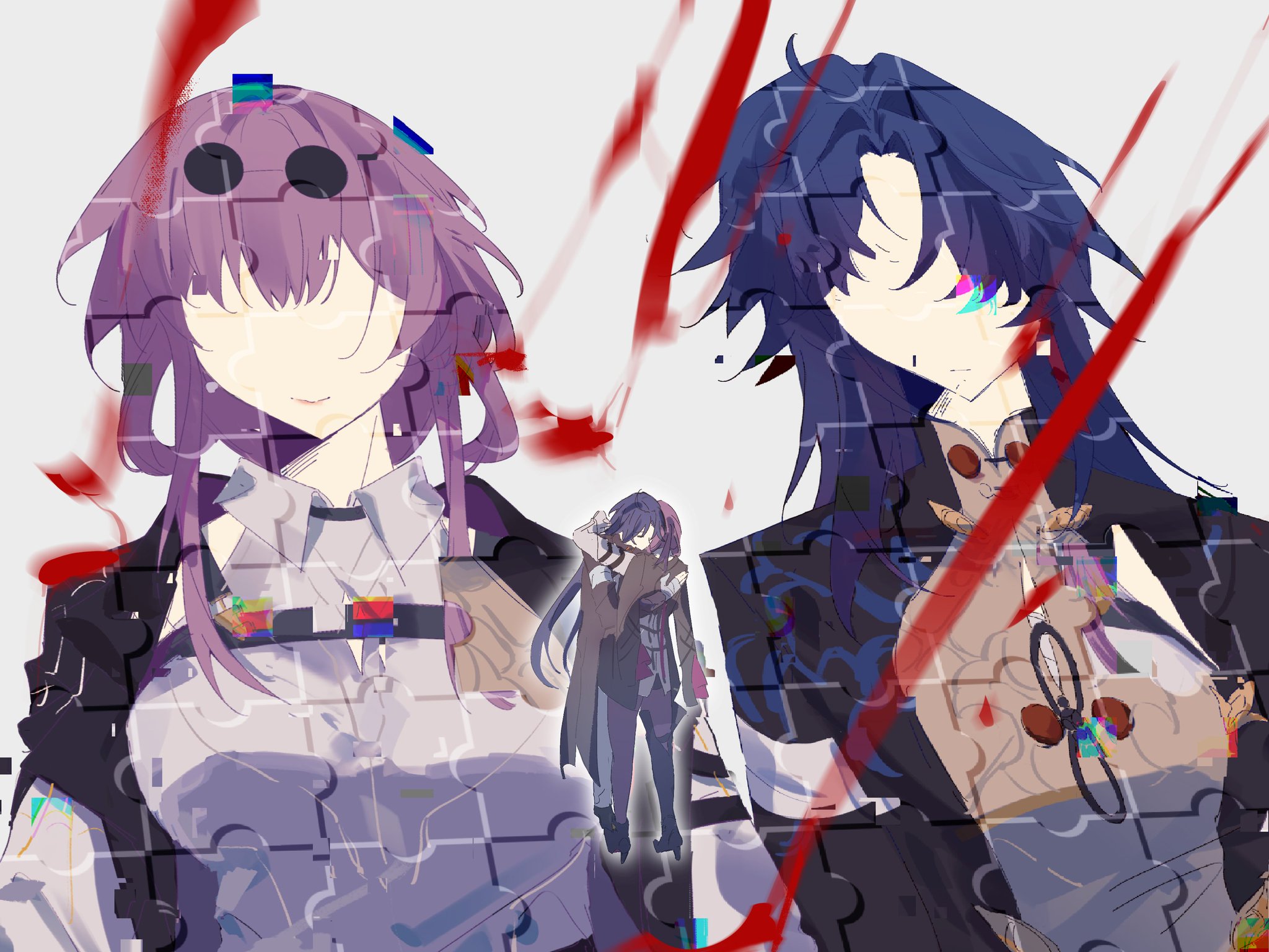 this is a digital illustration of two anime characters. the character on the left has purple hair and is wearing a white shirt with a dark jacket and a black choker. the character on the right has blue hair and is wearing a dark outfit with an ornate collar. both characters are standing with serious expressions and are looking at the viewer. they appear to be in a puzzlelike world, with red lines and puzzle pieces scattered throughout the background.