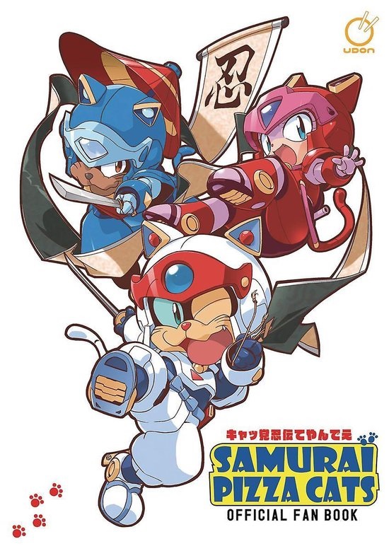 the image shows promotional art for the "samurai pizza cats official fan book". three anthropomorphic cat characters in robot suits are depicted in dynamic poses against a white background. they are dressed in white, red, and blue color schemes and have ninjalike attire. the text in japanese translates to "the longawaited fan book!" and is followed by "samurai pizza cats official fan book" in english. the publisher "udon" is featured prominently at the top right corner.