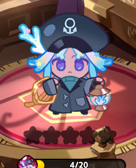 a full shot of the sea fairy cookie character from cookie run: kingdom. she is standing on a red rug with gold trim and a rope on the left of her. she has a sailor cap and a lantern. she has a fivestar rating, but only one star is full. in the bottom right corner is the corner of an object. in the lower left corner is a gem and a black bar with the fraction 4/20.