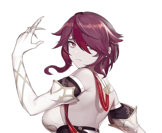 this is a digital illustration of a girl with long red hair pulled back and white clothes with gold detailing. she has sharp claws on her right hand. she is wearing a black and gold armband on her right arm. she is looking down to the right side of the frame. she is standing against a black background.