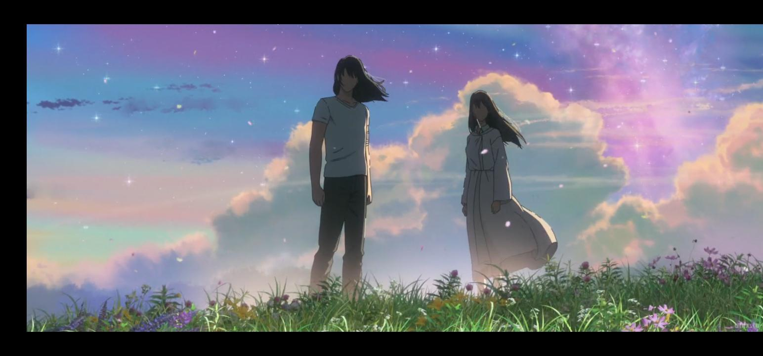 the image is a still from an anime film, likely a studio ghibli production, depicting a young man and woman standing in a field of wildflowers.  the setting sun casts a pastel hue across the sky, which is filled with clouds and stars. the couple is silhouetted against this beautiful backdrop, conveying a sense of romance, longing, and perhaps a fantastical or dreamlike quality.  the overall mood is peaceful and serene, with a focus on the ethereal beauty of the environment and the emotional connection between the characters.