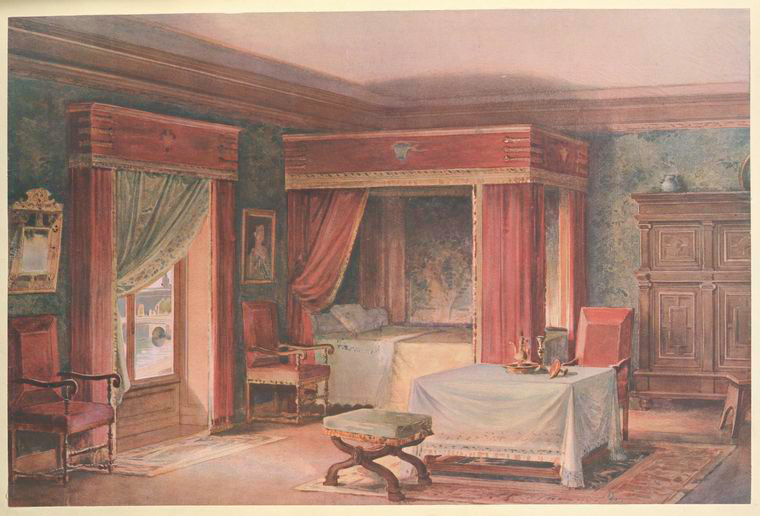 a watercolor painting of a bedroom with a fourposter bed draped in red curtains. a window with sheer curtains is to the left, next to a chair and mirror. a table covered with a white cloth is in the center of the room, with an ottoman in front of it. another chair is next to the table, near a dresser. the walls are dark green and a rug is on the floor. a framed painting hangs on the wall near the bed.