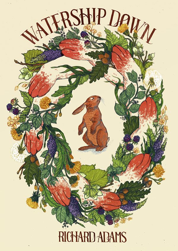 this is a book cover illustration for richard adams' novel, "watership down".  the illustration features a central image of a rabbit standing within a circular wreath of various flowers, plants, and leaves. the wreath appears to be composed of stylized hands or branches forming a ring. the overall style is vintageinspired, with a naturefocused design that evokes the themes of the novel. the book title and author's name are prominently displayed above and below the illustration respectively. the background is a soft, cream color.