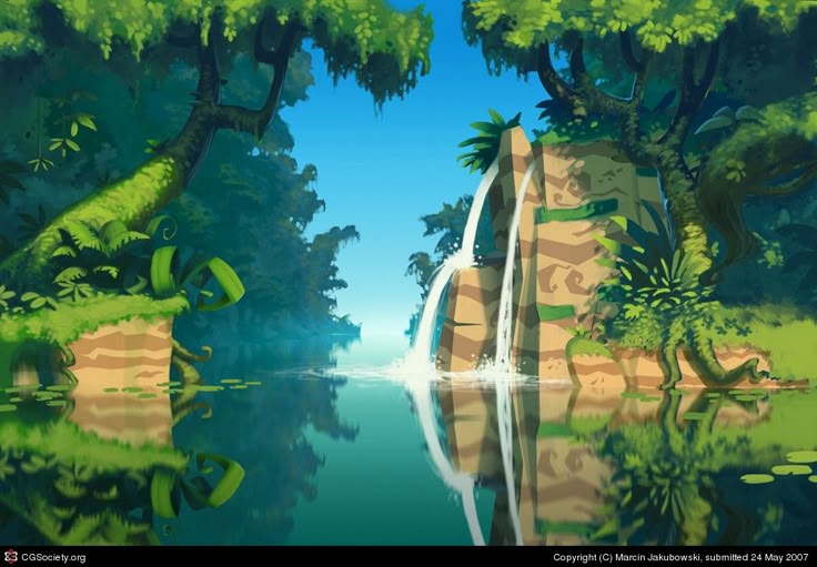 a cartoonstyle landscape featuring a waterfall cascading into a tranquil body of water, with reflections of the surrounding lush forest and trees mirrored on the water's surface under a clear blue sky.