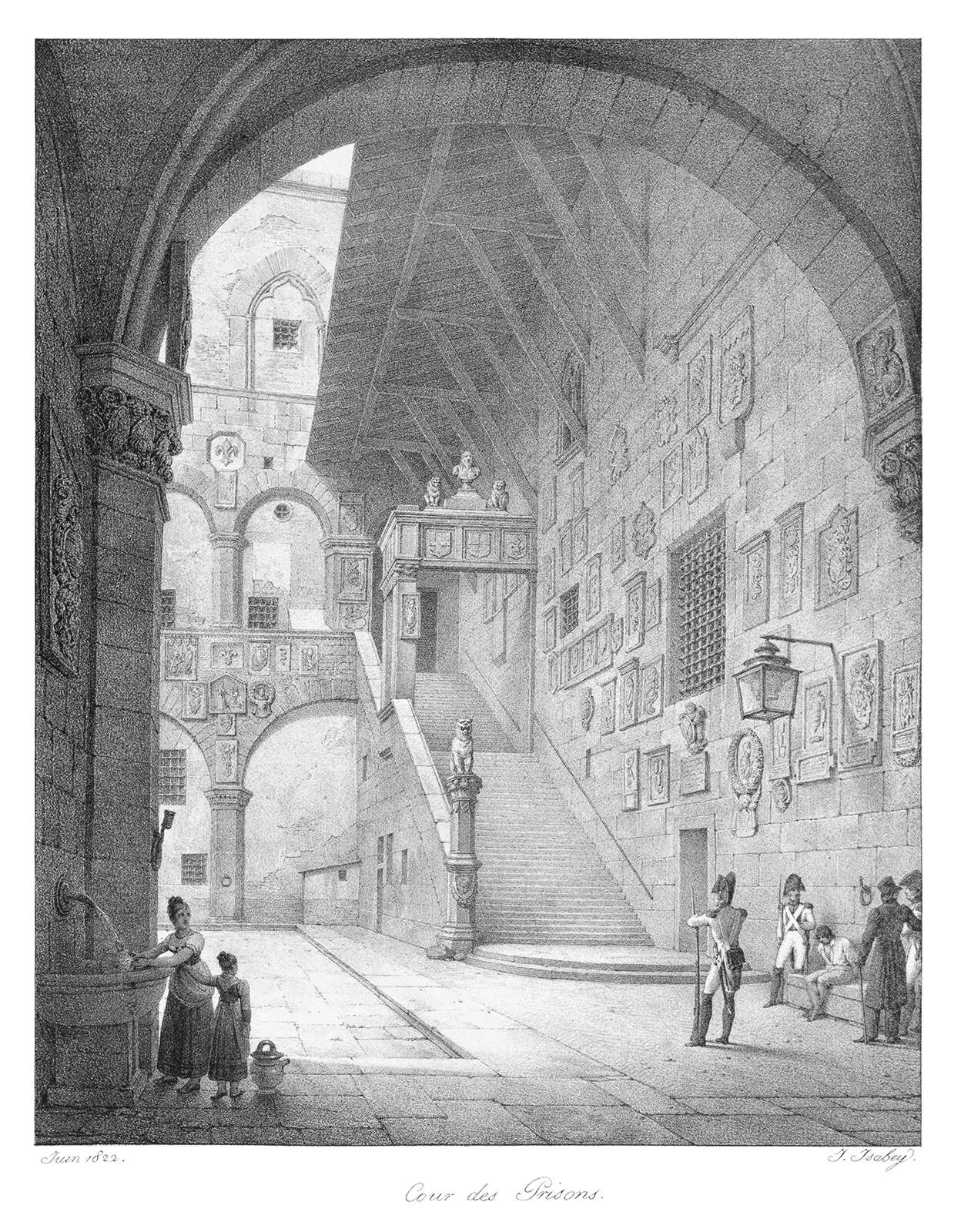 a 19thcentury etching titled "cour des prisons" depicts an elaborate courtyard scene. the courtyard is framed by an archway in the foreground, leading to a complex of buildings with decorative elements and arched openings. a grand staircase ascends along one side of the courtyard, adorned with statues on the balustrade. people are depicted in the scene, including figures near a fountain in the foreground and soldiers in uniforms standing and sitting near the staircase. the architectural details, including various plaques and decorations on the walls, are rendered in detail, capturing the historical atmosphere of the location.