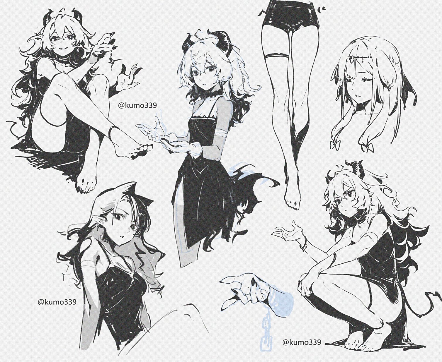 a collection of black and white anime style sketches featuring demon girl characters in various poses, including sitting, standing, and closeup headshots. the characters have horns, tails, and are wearing black outfits, with one drawing showing bare legs and another focusing on hand gestures. the artist's handle, @kumo339, is visible on the image.